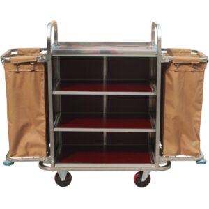 Τρόλεϊ καμαριέρας με 3 ράφια & 2 σάκους, 140x46x118cm, INOX + ξύλο MDF