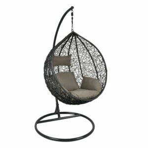 ISABEL Κρεμαστή Πολυθρόνα, Wicker Dark Grey, Μέταλλο Βαφή Σκούρο Γκρι, Μαξιλάρι Καφέ