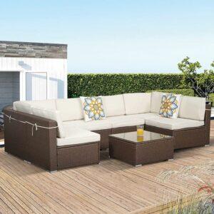 BLAZER Set Wicker Πολυμορφικό: 1 Τραπέζι+4 καθίσματα+2 Γωνιακά καθίσματα, Καφέ - Μπεζ