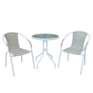 BALENO Set (Τραπ.Φ60cm+2 Πολ) Μεταλ.Άσπρο/Beige Wicker