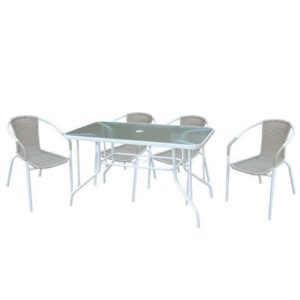 BALENO Set (Τραπ.110x60cm+4 Πολ) Μεταλ.Άσπρο/Beige Wicker
