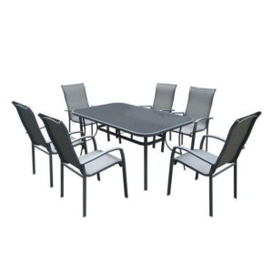 VERONA Set(Τραπέζι 160x96+6 Πολυθρόνες) Μετ.Ανθρακί/Silk Screen/Textil.Γκρι