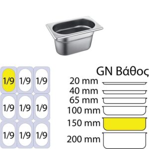 Δοχείο γαστρονομίας ανοξείδωτο SS201, 0.7mm, GN1/9 (17.6x10.8cm)-15cm